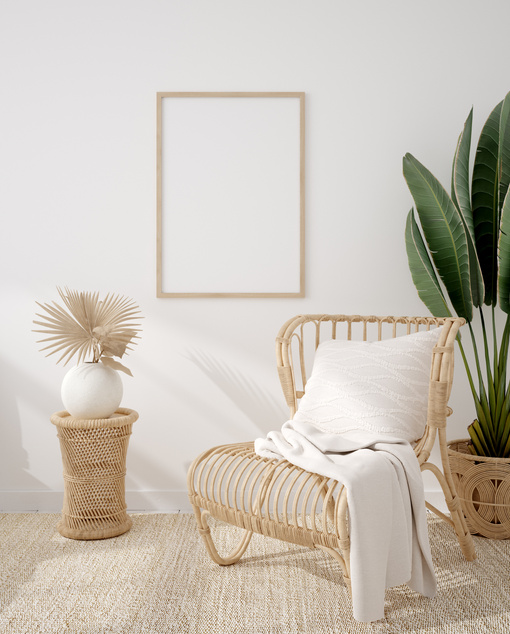 Mockup frame in coastal boho style interior